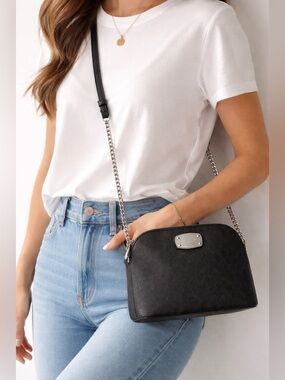 Michael Kors Black Saffiano Leather Dome Crossbody Bag with Silver Accents